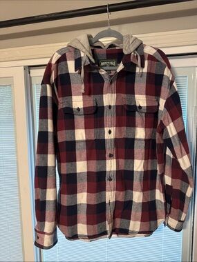 American Eagle Outfitters Burgundy Navy White Plaid Hooded Button-Down Shirt